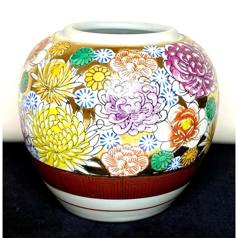 Vintage Japanese Kutani Ware Hand Painted Flower Vase Spring Floral